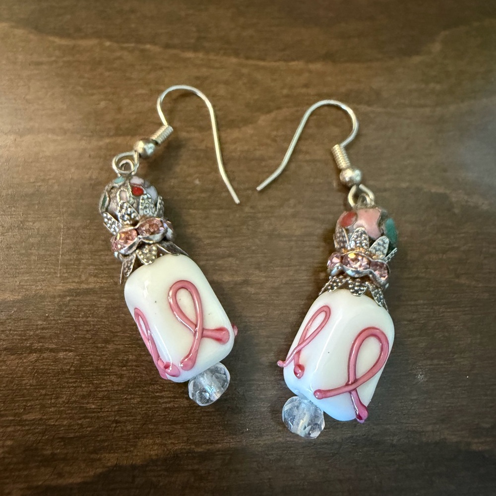 Pink Ribbon Bead Dangle Earrings